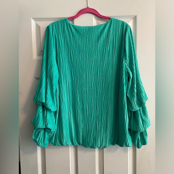 Alfani Teal Long-Sleeve Ruched Blouse Size Large with Tiered Bubble Sleeves - Picture 4 of 8